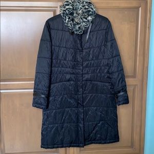 Down coat with rabbit fur collar